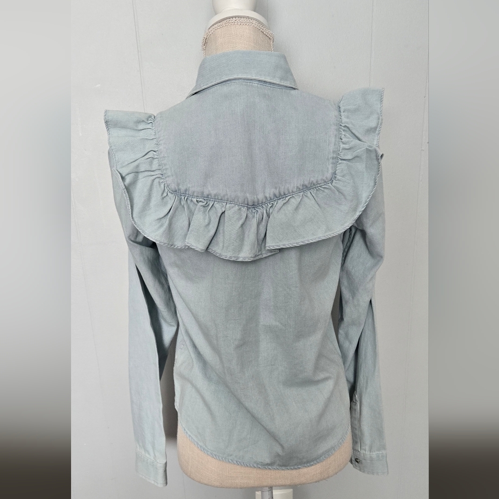INTERMIX Light Blue Ruffled Button Down Shirt - Picture 4 of 8